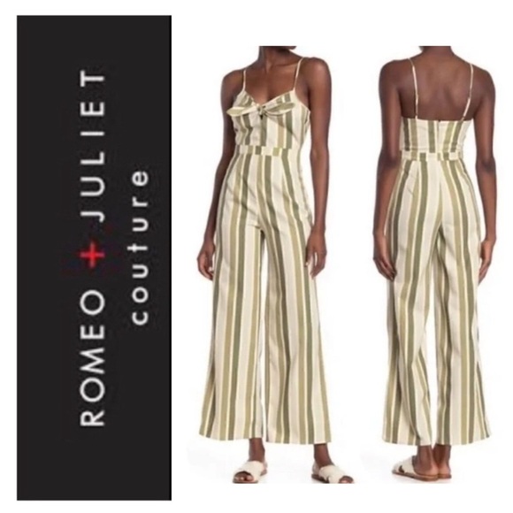 Romeo & Juliet Couture Olive Green Striped Wide Leg Jumpsuit Size Medium NWT - Picture 1 of 11